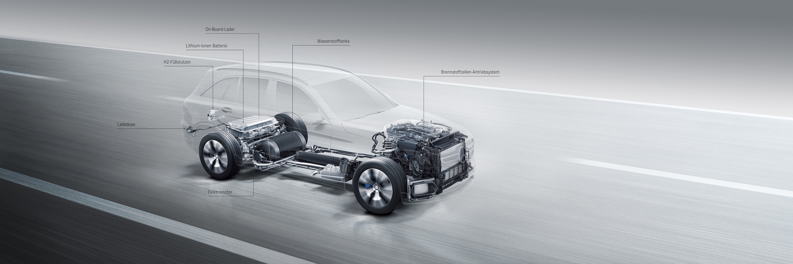 Die kompakte Brennstoffzelle passt in den Motorraum, im Heck unterstützt ein 9 kWh fassender Lithium-Ionen-Akku den GLC F-Cell